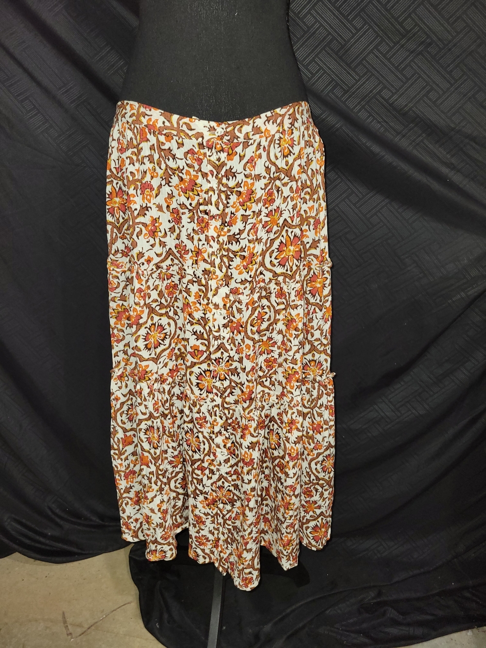 Cynthia Rowley Boho Skirt XL Floral Maxi A Line Smocked Button Accent Skirt